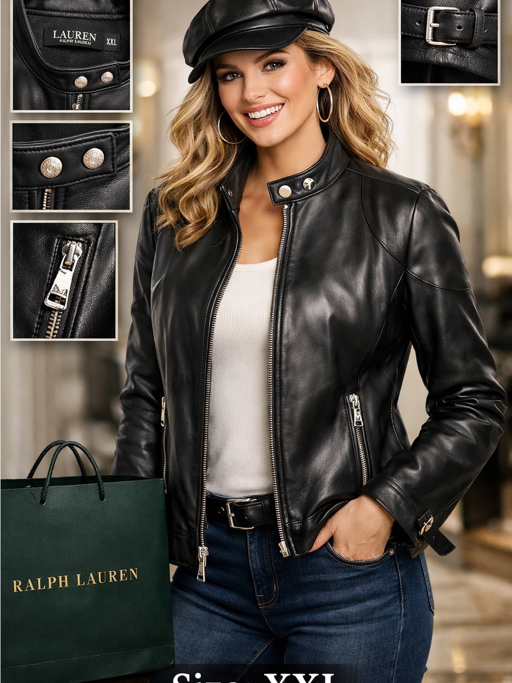 Ralph Lauren genuine lamb Leather Biker Black Jacket with Silver Hardware